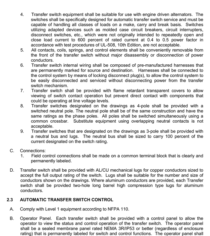 Specification section 26 36 00, transfer switches, page 4